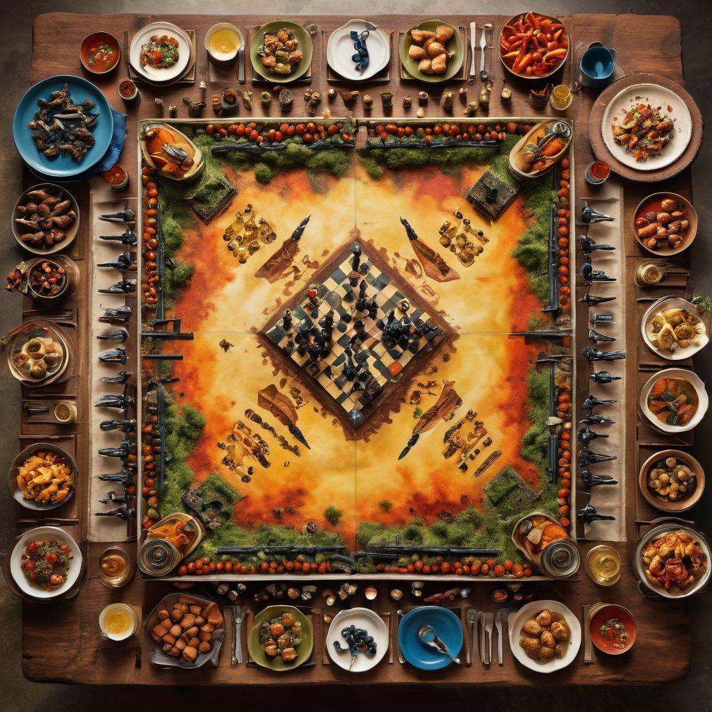 An aerial view of a battlefield intertwined with a vibrant culinary scene below, showcasing soldiers tasting gourmet dishes amidst a backdrop of military strategy maps and chess pieces. Include a contrast of rugged tanks beside elegant dining setups, with steam and spices rising in the air. Incorporate a sense of movement as if both worlds are merging in harmony. super-realistic. vibrant colors. dramatic lighting.