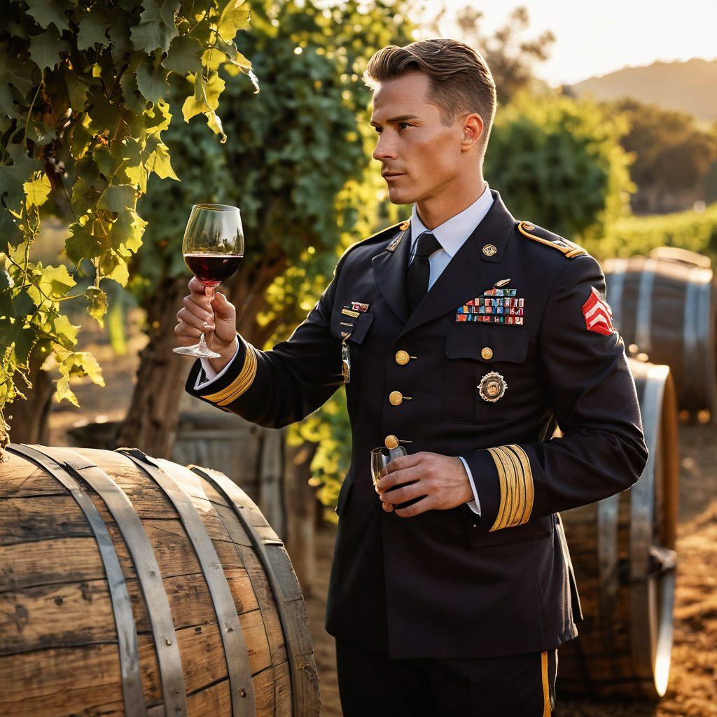 A vintage military officer delicately swirling a wine glass in a rustic vineyard during golden hour, surrounded by grapevines and barrels, reflecting a blend of combat and elegance. The scene conveys a harmonious transition from battle gear to wine tasting attire, with medals subtly hanging from his uniform. The sky is painted with warm hues of sunset. Buttery tones and earthy textures to evoke a sense of history and craftsmanship. super-realistic. vibrant colors. soft focus.