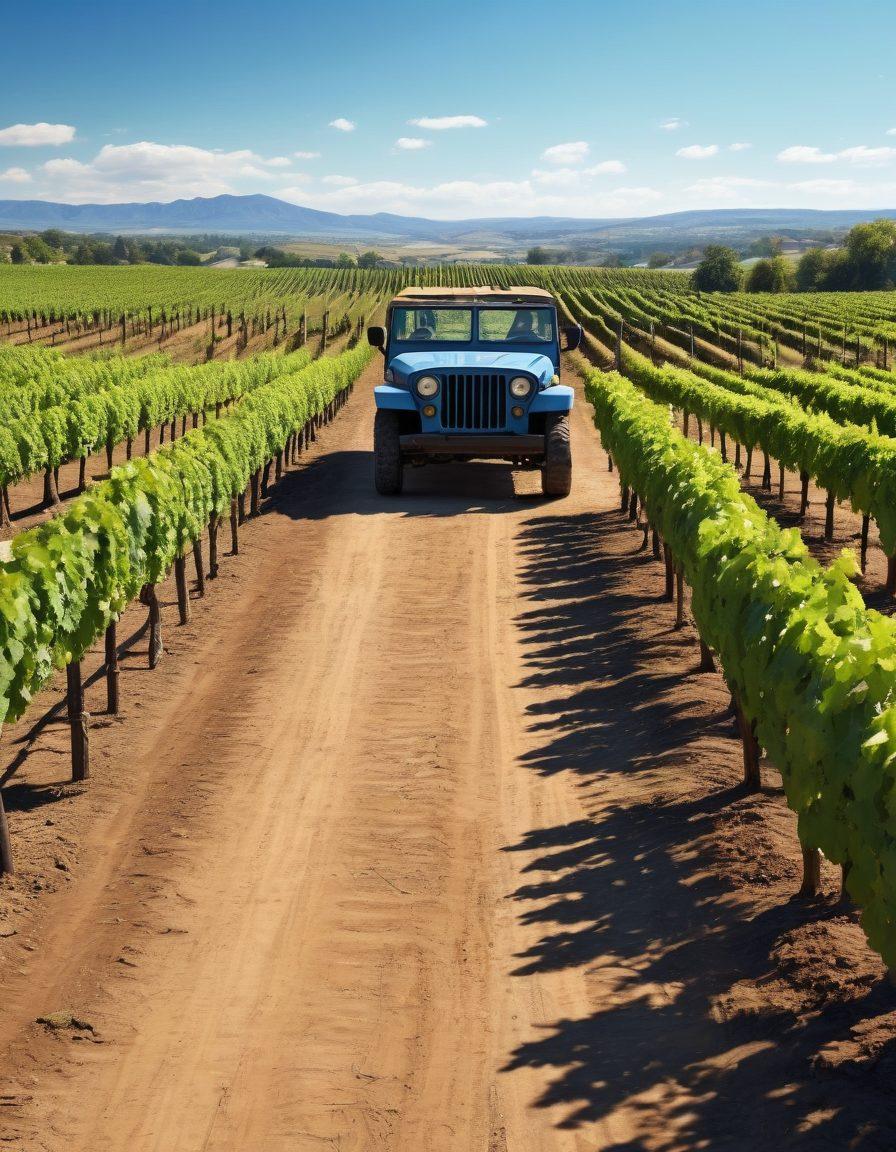 A panoramic vineyard landscape with rows of lush green grapevines under a bright blue sky, featuring a vintage military jeep parked on a dirt path, a soldier in military attire thoughtfully tasting wine from a glass, surrounded by wine barrels and rustic wooden tables. The scene should evoke a sense of adventure and refinement. super-realistic. vibrant colors. 3D.